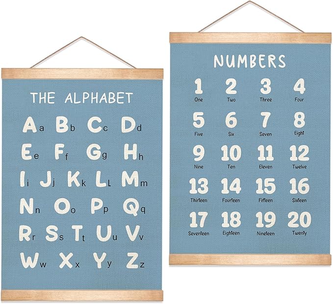 Kids Alphabet and Numbers Educational Chart Set of 2 for Classroom Decor,Colorful Educational Poster for Toddlers 1-3,Toddler Learning Poster for Kids Ages 3-5 for Nursery Playroom,Classroom Must Haves 18.5x14 Inch (Blue)