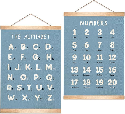 Kids Alphabet and Numbers Educational Chart Set of 2 for Classroom Decor,Colorful Educational Poster for Toddlers 1-3,Toddler Learning Poster for Kids Ages 3-5 for Nursery Playroom,Classroom Must Haves 18.5x14 Inch (Blue)