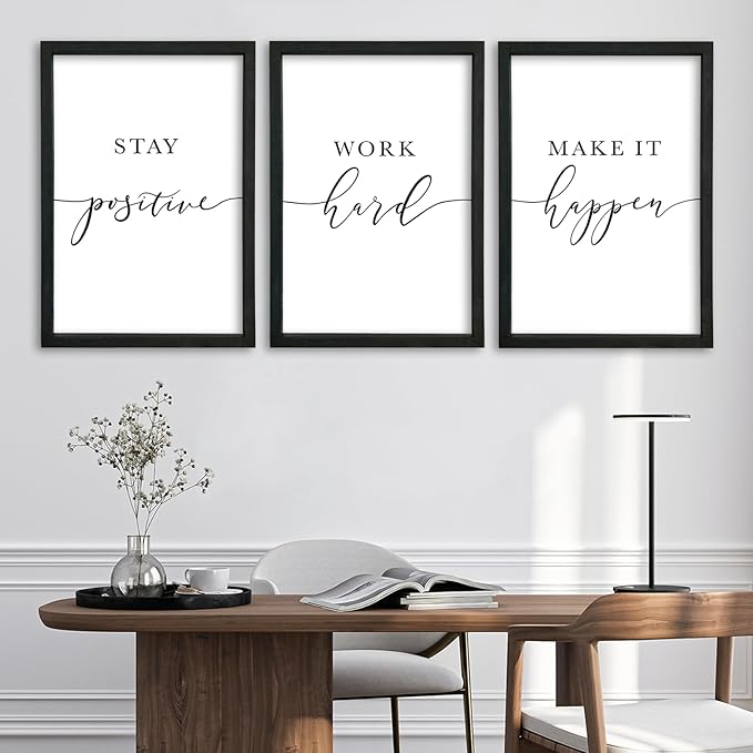 YWJKWLGS Inspirational Office Wall Art Set 16x24 Inch 3 piece Motivational Quotes Wall Decor Stay Positive Work Hard Make It Happen Signs for Home & Office Wood Framed Hanging (Black)