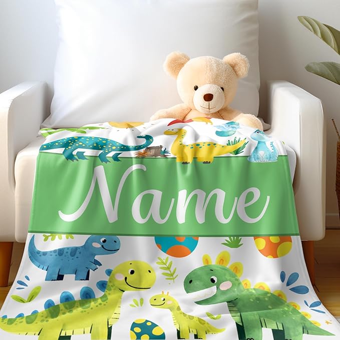Ship Next Day, Custom Dinosaur Blanket - Printed in USA, Personalized Blankets with Name, Gift for Kids Boys Girls, Unique Present for Birthday, Christmas, Educational Blankets for Children