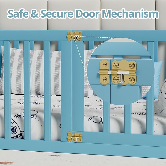 LLS Queen Size Floor Bed with 21.6" High Fence for Kids Boys Girls, Solid Wood Multifunctional Montessori Bed Frame with Door, Without Slats, Sky