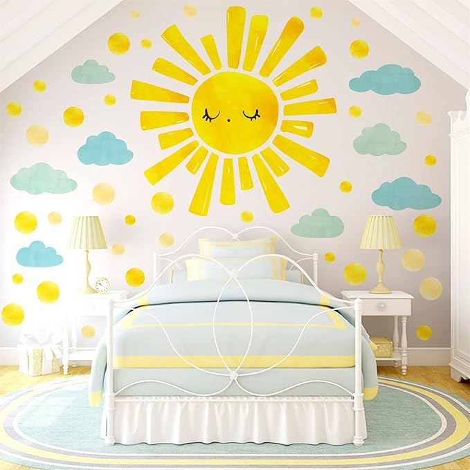 Large Sun Clouds Wall Decals Polka Dots Wall Decals Sun Cloud Wall Stickers for Kids Room Bedroom Nursery Playroom Classroom Decor