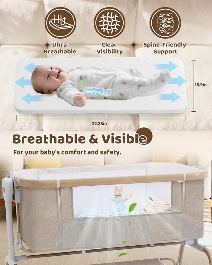 Baby Bassinet, Rocking Bedside Sleeper, Detachable & Portable Bassinet with 8-Level Height, Breathable Mesh, Storage Basket & Rotating Mobile Toy for Newborns Infant(Khaki)