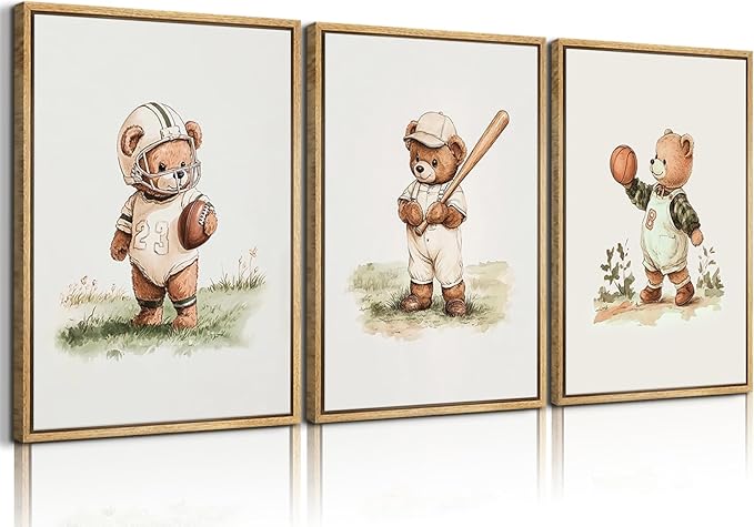 3Pcs Nursery Teddy Bear Canvas Wall Art Vintage Sports Bear Wall Decor Sports Boys'Room Artwork Prints Basketball Football Baseball Painting Pictures for Children's Room Boys' Room (12x16in poster)