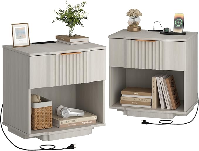 XIAO WEI End Table with 20W Fast Charging Station Set of 2,Fluted Side Table with Storage,End Table with Drawers,Sofa Table for Living Room, White