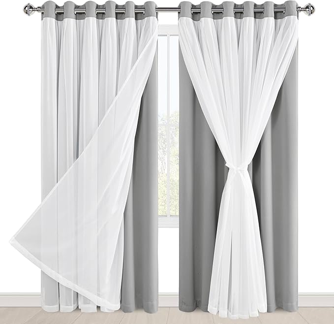 Hiasan Silver Grey Blackout Curtains with Sheer 84 Inches Long, Thermal Insulated Double Layer Room Darkening Curtains for Bedroom, Living Room, 2 Window Drape Panels with Tiebacks, 70W X 84L