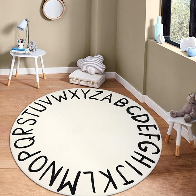 LIVEBOX Round ABC Play Room Rug for Kids, Alphabet Nursery Rug for Boys Girls, Circle Area Rug for Playroom, Machine Washable Rug Educational Crawling Mat for Children Classroom Toy Room(71",Black)