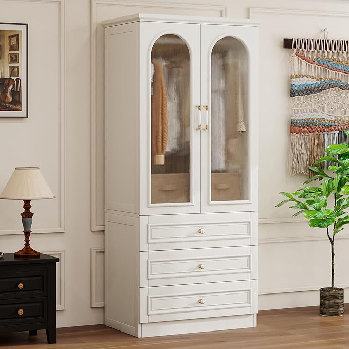 Solid Wood Wardrobe Closet:TemkTuek 70.87" Armoire,Clothing Storage Cabinet with Drawers,Doors,Hanging Railsand Shelves,Vintage Freestanding,Bedroom,White(19)