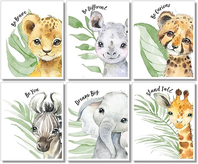 Baby Safari Animals Wall Art Prints - Nursery Decor - Set of 6-8x10 - Jungle Nursery Room Pictures for Baby Girl Boy Kids - Motivational Quotes - Watercolor - Unframed -