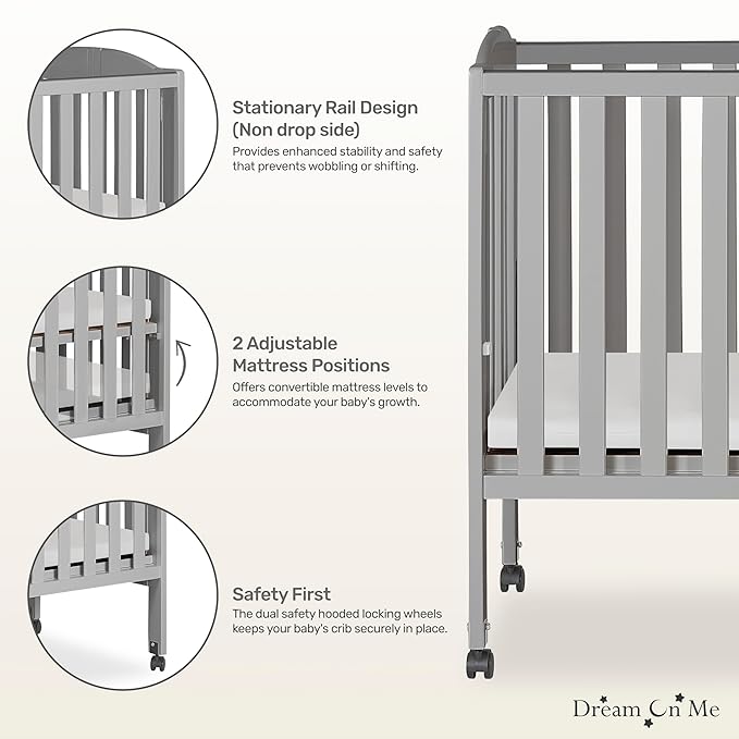 Dream On Me 2 in 1 Folding Portable Crib in Cool Grey, Greenguard Gold Certified , 40x26x38 Inch (Pack of 1)