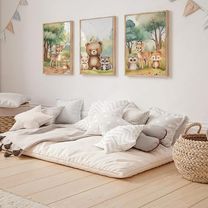 3Pcs Woodland Animal Nursery Wall Art Forest Animal Wall Decor Cute Watercolor Deer Bear Fox Poster Canvas Prints Paintings Pictures Artwork for Kids Baby Bedroom Decor Unframed Poster 16X24in