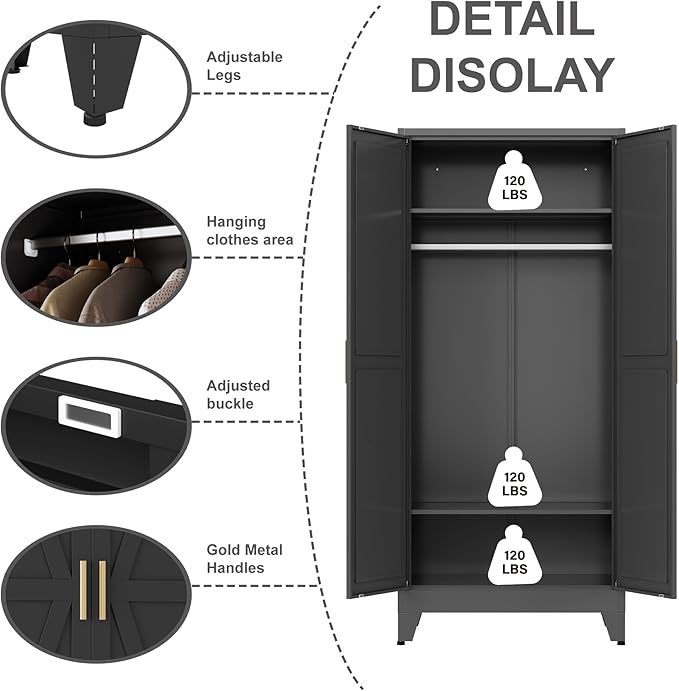 Metal armoire Wardrobe Closet with Hanging Rod,71'' Metal Wardrobe Cabinet with 2 Doors and 2 Adjustable Shelves, Bedroom armoires,Laundry Room cabinets,armario de ropa Closet