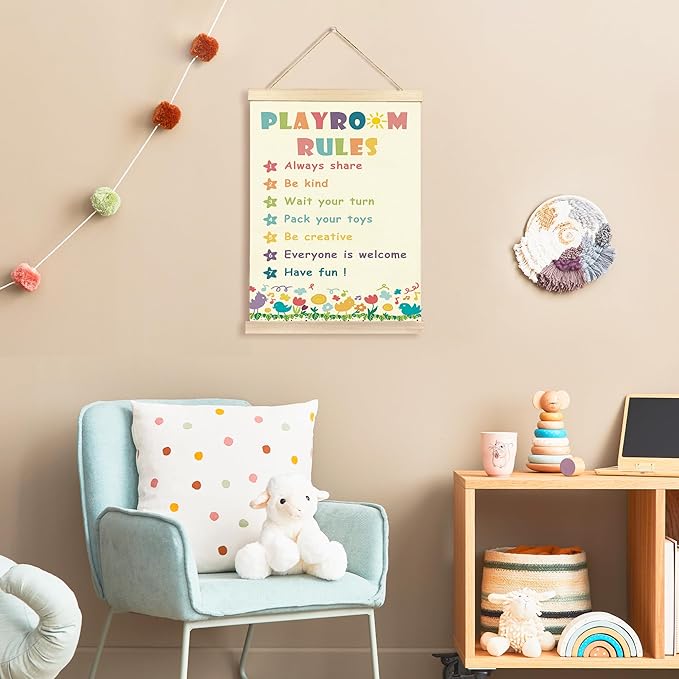 Hiuwevt Boho Playroom Rainbow Poster Hanger Frame, Kids Room Decor, Playroom Rules Colorful Wildflower Wall Art Decor for Toddlers Boys Girls Play Room Nursery Home, 12x16 Inch