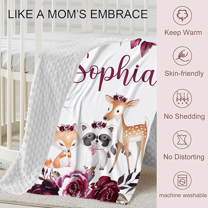Personalized Crib Bedding Set for Boys Girls, Custom Baby Crib Sets with Name, Rose Animal Design Nursery Bedding 2 Piece - Soft Blanket with Double Layer Dotted Backing, Crib Fitted Sheet