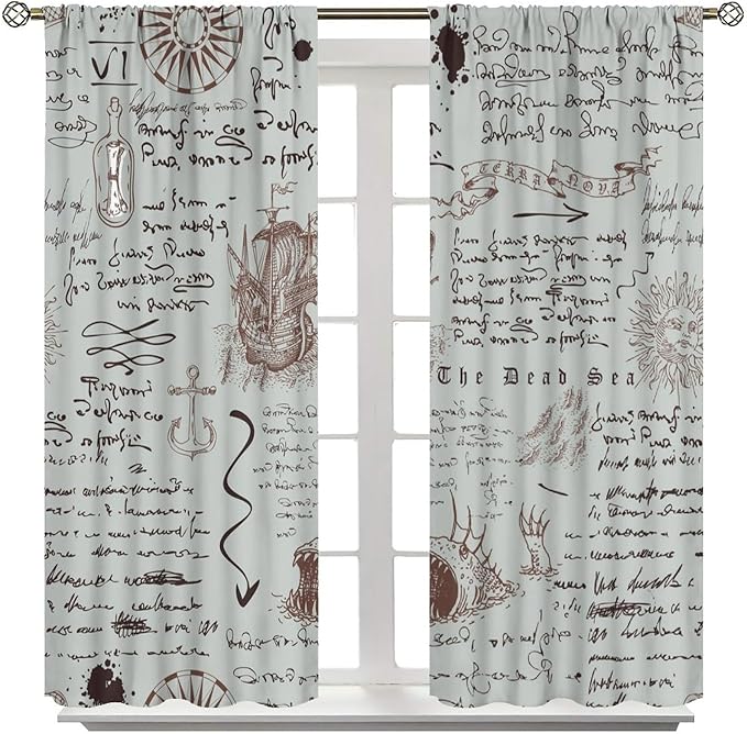 Nautical Theme Window Draperies, Pirate Sailboat Curtains for Bedroom & Living Room, Ocean Window Treatment - Starfish Print, 55x63 Inches, 2 Panels