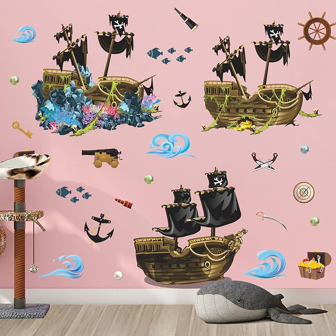 4 Sheet Pirate Ship Wall Sticker Shipwreck Wall Decal DIY Self-Adhesive Waterproof Waves Treasure Fish Hook Pearl Coral Reef Wall Art Decoration for Bathroom Kids Boys Bedroom Playroom Nursery