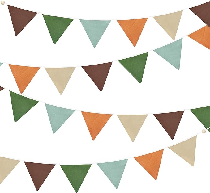 2 Sets of Orange Green Brown Pennant Banner 20Pcs Nursery Garland Flags Fabric Linen Triangle Streamers for Baby's Room Decor Kids Camping Jungle Safari Animal Birthday Baby Shower Party Decorations