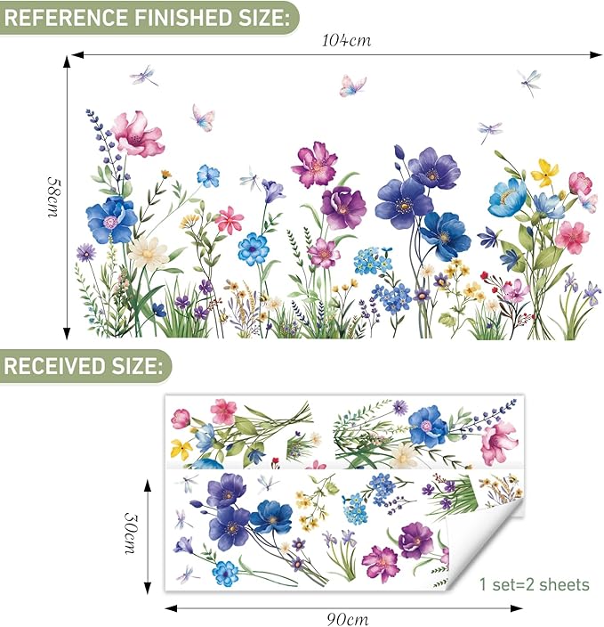 SHUCHING Colorful Wildflower Wall Sticker Peel and Stick, Vinyl Floral Wall Decal, Grass Wall Decor Art for Girl Bedroom Living Room Office
