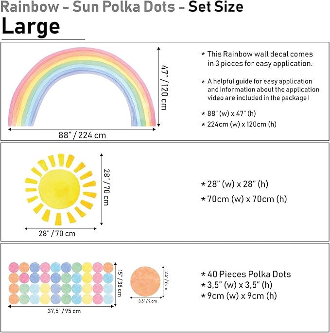 Watercolor Rainbow, Sun, Polka Dots Wall Decal for Kids Room, Nursery, Baby Room Decor, Polka Dots Mural, Rainbow Wallpaper (Rainbow-Sun-Polkadots, Large)