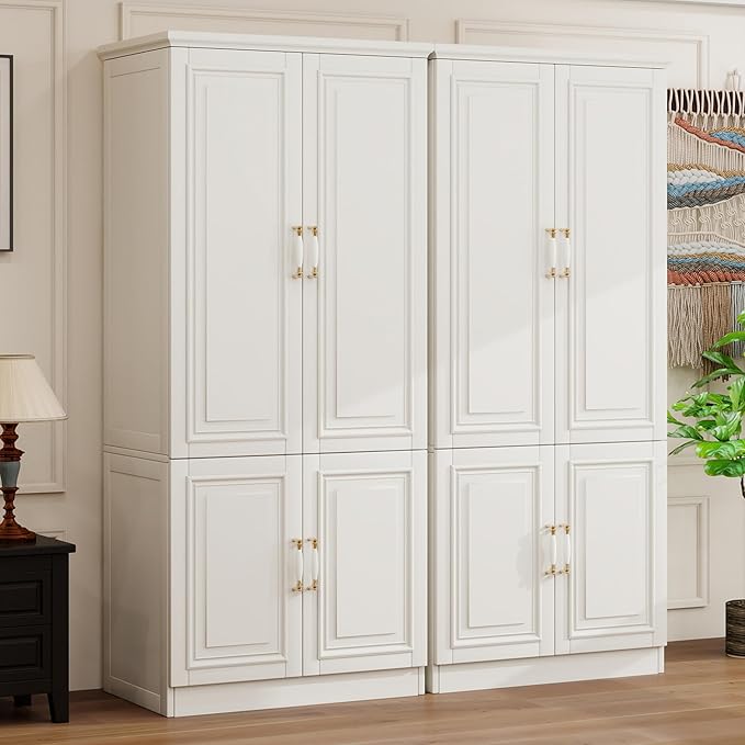 Solid Wood Wardrobe Closet:TemkTuek 70.87" Armoire,Clothing Storage Cabinet with Mirror,Doors,Shelves and Hanging Rails,Vintage Freestanding,Bedroom,White(18-18)