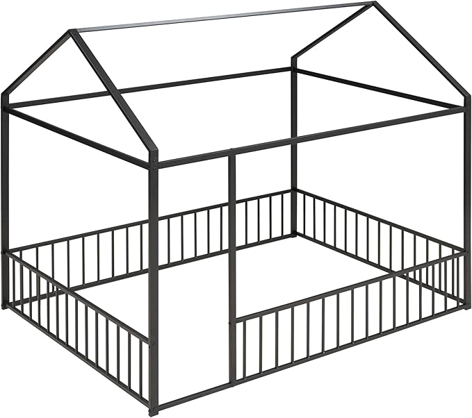 Bellemave Full Size Montessori Floor Bed, Metal House Bed Framefor Kids, Montessori Floor Beds with Fence, Playhouse for Kids, Black
