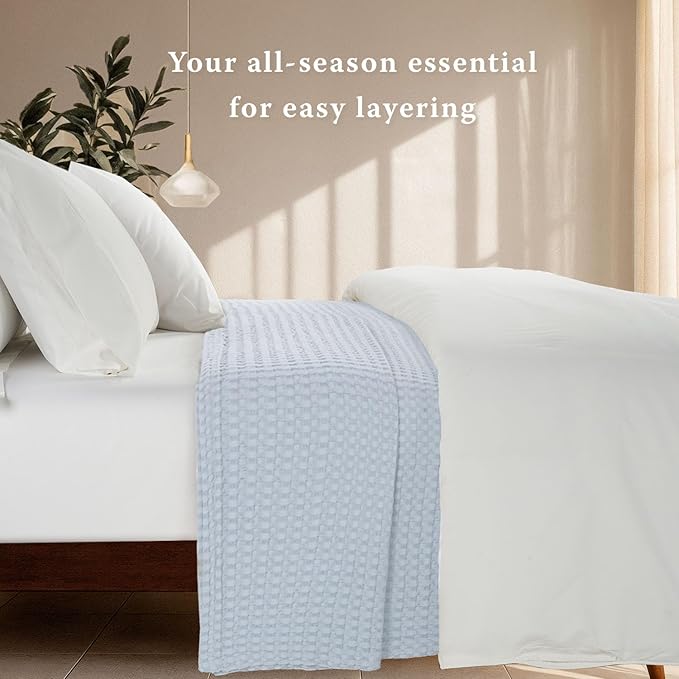 Threadmill Cooling Blanket Twin Size Waffle Weave| Breathable, Lightweight & Ultra-Soft | Made from Rayon Derived from Bamboo | Waffle Throw for Couch and Sofa | 68 x 92 Inches | Light Blue