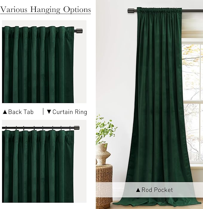 StangH Extra Long Velvet Curtains for Christmas Backdrop 10 ft, Dark Green Back Tab Thermal Heat & Chill Resistant Window Drapes for Theater/Sliding Door/Hotel, W52 x L120, 2 Panels