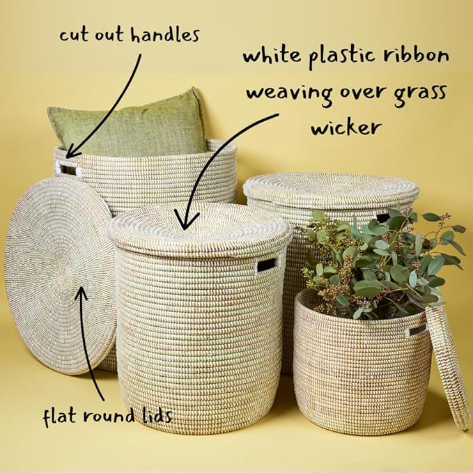 Medium White Storage Basket - Laundry Hamper, Baby Nursery Toys Bin, Living Room Blankets Storage, Towels Holder, Organizing, Decorative - Wicker, Woven, Lid, Handles