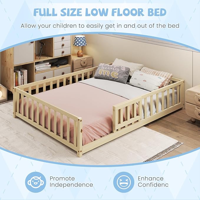 Giantex Full Floor Bed with Fence for Kids, Montessori Bed Frame with Door and Safety Guardrails, Solid Wood Floor BedsFull with Slats Support for Kids Boys Girls, Natural