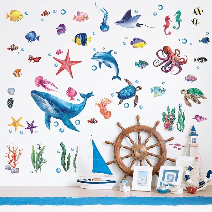 110 Pieces Under The Sea Wall Decals, Ocean Fish Jellyfish Starfish Coral Reef Seaweed Removable Stickers for Kids Baby Boys Bedroom Nursery Living Room, Sea Life Marine Animal Underwater Theme