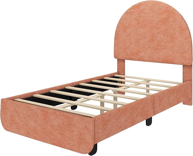 Max & Lily Upholstered Twin Bed Frame with Arch Headboard, Upholstered Platform Bed for Kids, No Box Spring Needed, Easy Assembly, Dusty Rose