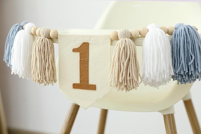 Boho Blue Handmade 1st Birthday High Chair Banner First Highchair Banner For Baby Boys Wild One Wall Hangings Wood Bead Tassel Garland 1 Birthday Party Decorations Photoshoot Props Photo Props
