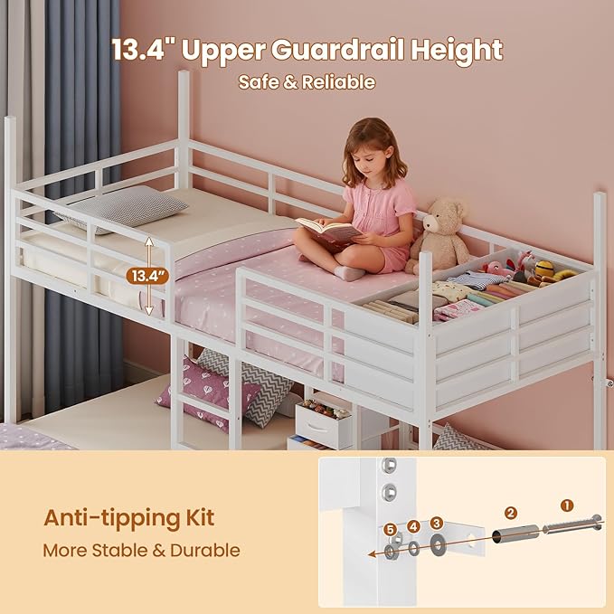 BTHFST Triple Bunk Bed Twin Size with House, 4 Storage Drawers, Charging Station and LED Lights, Metal Kids Bunk Bed with 13.4" H Safety Guardrail and Play Curtain, DIY House Shaped Bed, White