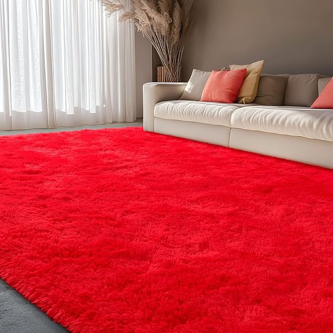 EVOIONOS 5x7 Washable Large Area Rug for Living Room, Fluffy Shag Rug for Bedroom, Ultra Soft Plush Non Slip Carpet for Indoor Floor Bedside Nursery Kids Girls Room Dorm, Home Decor Aesthetic, Red