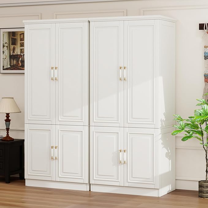 Solid Wood Wardrobe Closet:TemkTuek 70.87" Armoire,Clothing Storage Cabinet with Mirror,Doors,Shelves and Hanging Rails,Vintage Freestanding,Bedroom,White(18-18)