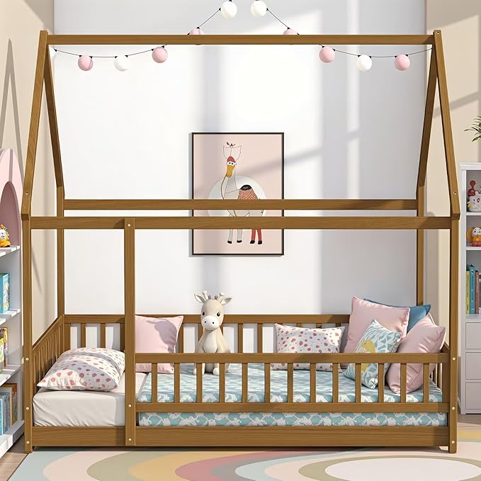 LLS Queen Size Montessori Floor Bed Frame with Slats and Fence, Wooden House Bed for Boys Girls Bedroom, Light Espresso