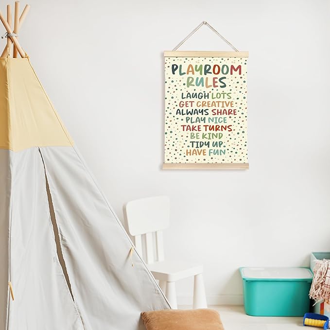 CGBHW Playroom Rules Poster Hanger Frame 12x16 for Kids, Educational Motivational Affirmations Posters Wall Art Hanging Decor for Classroom Nursery Play room Preschool, Kids Room Wall Decor