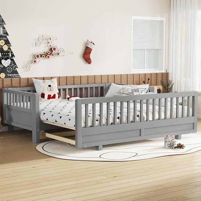 KEIKI Solid Wood Expandable Twin Size Floor Bed for Kids with Guardrails, Can Be Converted into a Double Twin Bed Platform, Montessori Low Profile Bedframe Daybed for Girls Boys, No Box Spring Needed