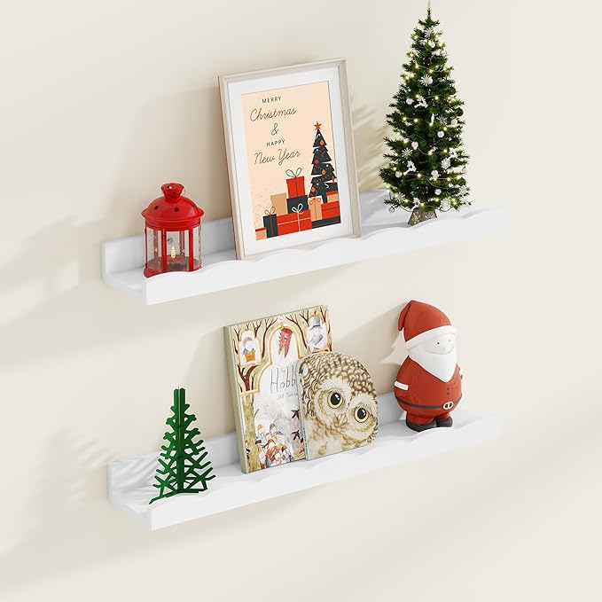 Fun Memories Picture Ledge Shelf for Wall, 24 inch Pine Wood Nursery Book Shelves Set of 2- Wall Book Shelves for Kids Room, Home Decor - Kitchen Spice-White