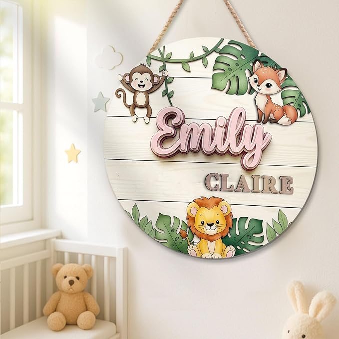 Custom Woodland Animal Name Sign – Wooden Signs Personalized Room Plaque with Monkey, Fox, Lion and Leaves, Nursery Door or Wall Hanging Decor