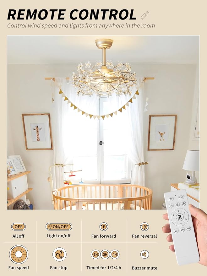 20" Gold Crystal Fandelier Ceiling Fan with Light, Mid-Century Chandelier Ceiling Fan with Light Remote Control, Flower Caged Enclosed 6 Speeds for Bedroom, Nursery, Foyer, Living Room