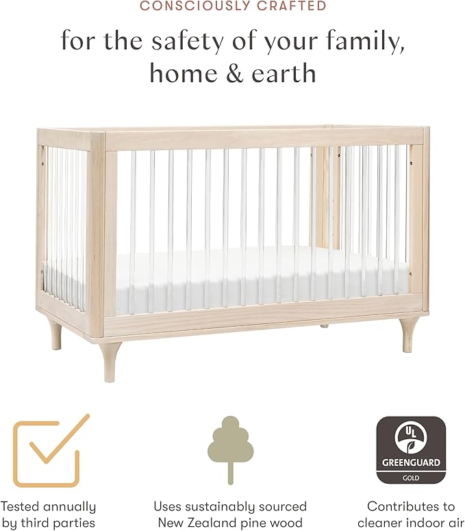 Babyletto Lolly 3-in-1 Baby Crib Convertible to Toddler Bed & Daybed, GREENGUARD Gold Certified, 4 Adjustable Heights, Includes Toddler Conversion Kit, Made of 100% Solid Wood - Washed Natural/Acrylic
