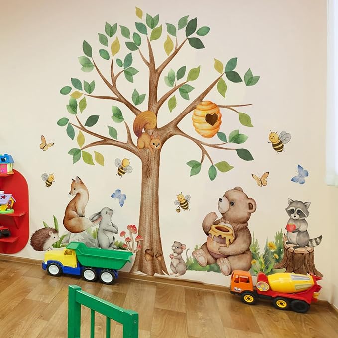 Large Woodland Animals Tree Wall Decal Set, Forest Tree with Bear Fox Bee Wall Stickers for Nursery Kids Bedroom Wall Decor, 55.51x44.49 inches