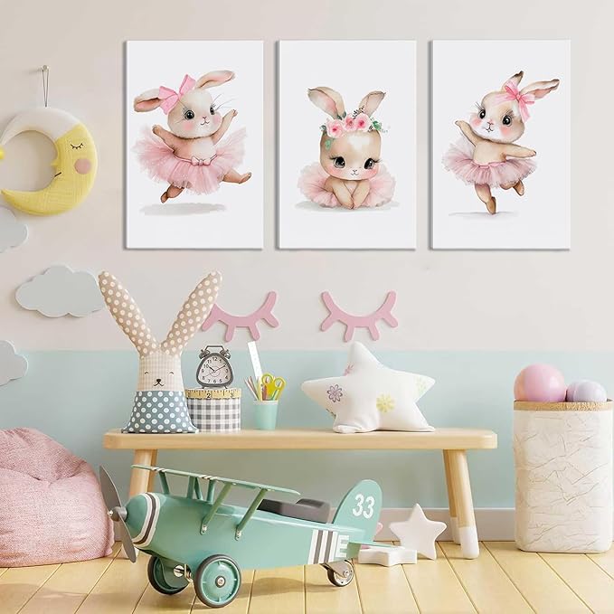 3 Pcs Pink Bunny Canvas Wall Art for Nursery Baby Room Cute Posters Prints Wall Decor Pictures Pink Preppy Dress Rabbit Ballet Paintings Artwork for Girls Room Bedroom Home Decoration