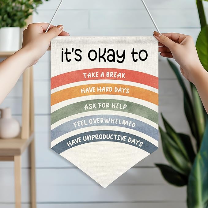 It's Okay To Wall Hanging Banner,Mental Health Rainbow Canvas Poster for Kids Teens Classroom Decor, Self-Care Quote for Therapy Office, Counselor Room, Bedroom or Nursery, 11x16 Inch(KD32)