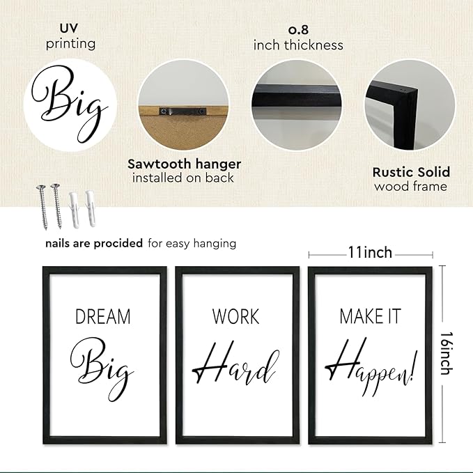YWJKWLGS Motivational Wall Decor for Office & Home 11x16 Inch Set of 3 Inspirational quotes Wall Art Wood Frame Hanging Dream Big Work Hard Make It Happen positive affirmations Sign (Black)