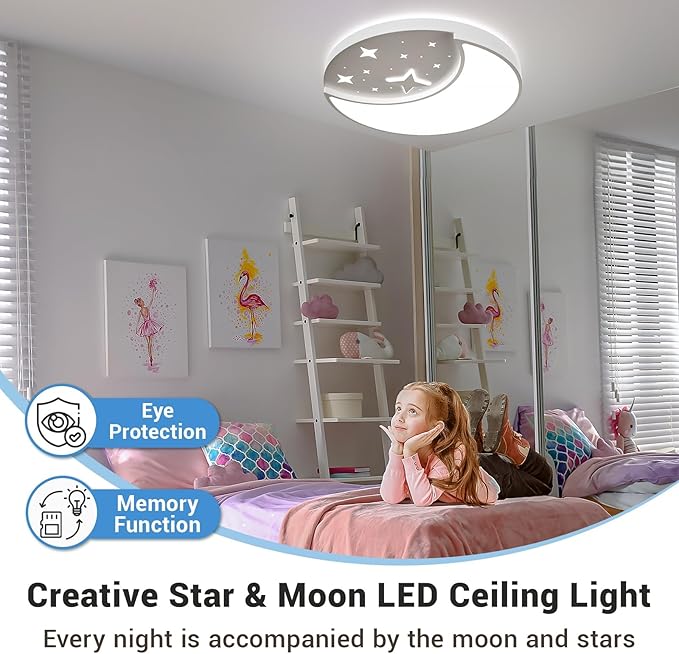 12 Inch Ceiling Light Fixtures, Creative Moon & Star Bedroom Ceiling Lights, 3 Color Temperature Selectable, Dimmable Ceiling Lights for Bedroom,Kids Room Kitchen Dining Room，Round White