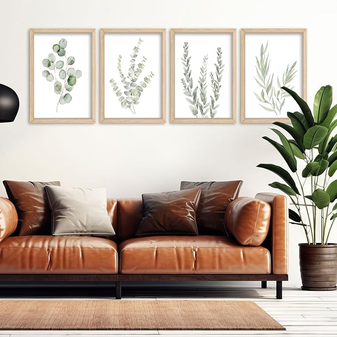 YWJKWLGS Botanical Watercolor Prints Sign Sage Green Eucalyptus Wall Decor 11x16 Inch Set of 4 Minimalist Wood Framed for Bathroom Laundry Room Office Wall Hanging Art (Wood)
