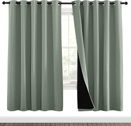 NICETOWN 100% Blackout Window Curtain Panels, Full Light Blocking Drapes with Black Liner for Nursery, 72-inch Drop Thermal Insulated Draperies (Greyish Green, 2 Pieces, 70-inch Wide Per Panel)