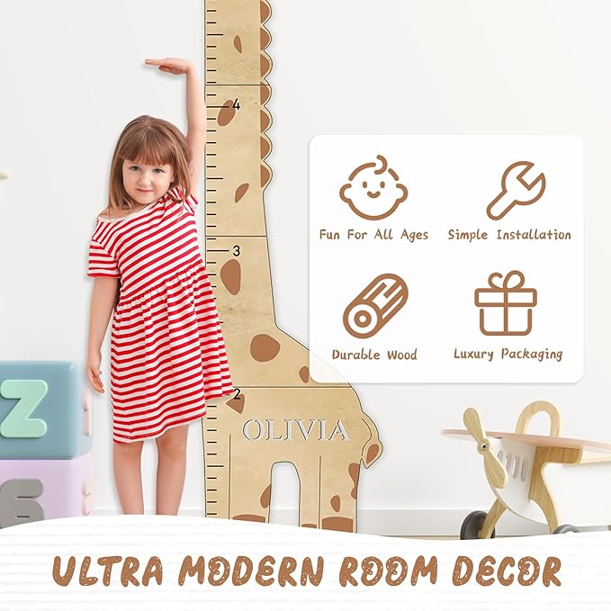 Personalized Name Children's Height Measurement Chart for Wall – Giraffe Kids Growth Chart Ruler, Nursery & Playroom Wall Decor 62.8" x 20.1"